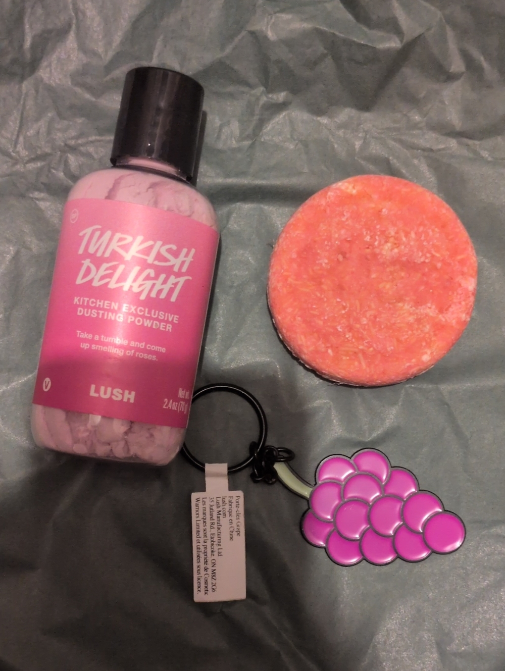 LUSH Kitchen Trio: Turkish Delight Dusting Powder, Mango Shampoo Bar, Keychain